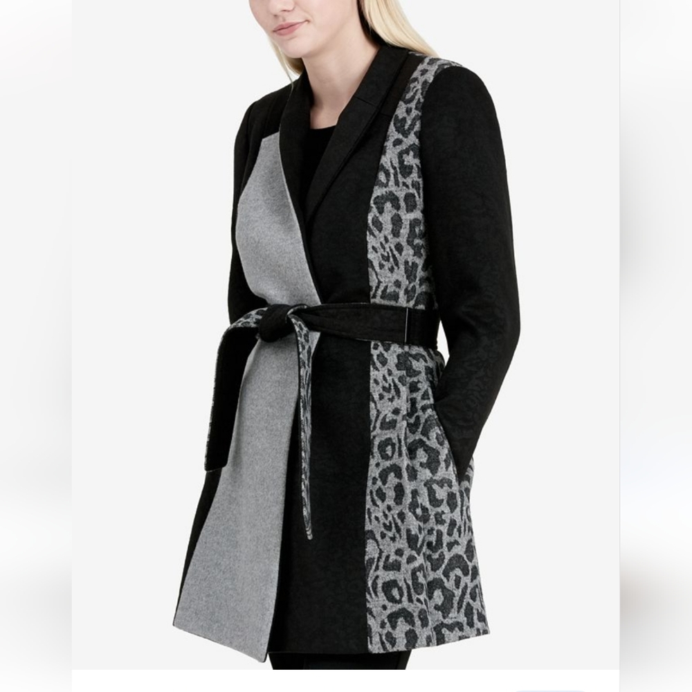 Calvin Klein $400 Mixed Media Wrap Wool Coat